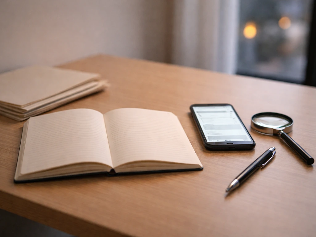 Minimal desk scene with documents, a smartphone search, and a notebook suggesting a money verification checklist.