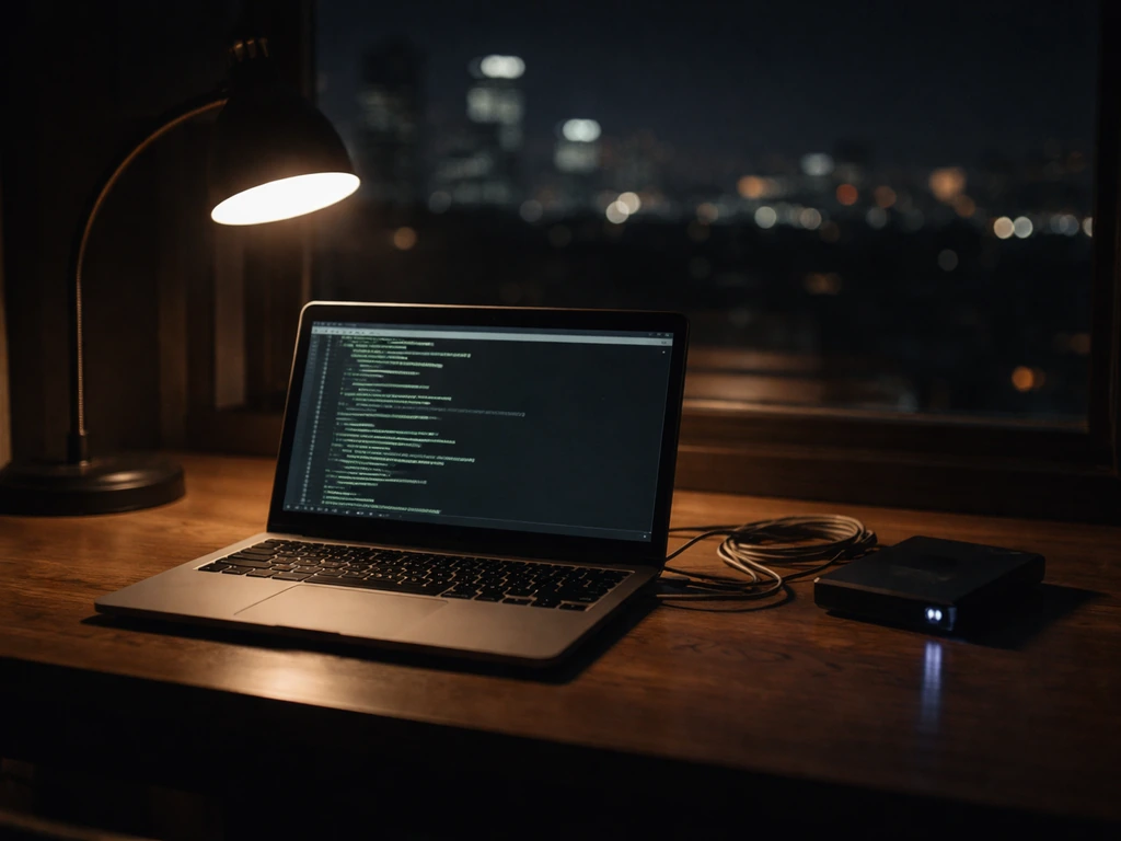 Dim hacker-themed workspace with a laptop and open terminal window, symbolizing Mark Abene’s digital/media roots