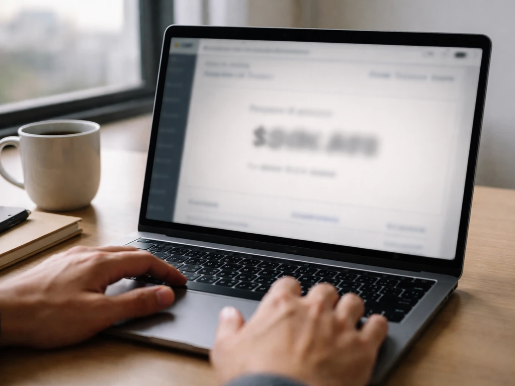 Close-up of a laptop showing an anonymous net-worth estimate entry and “last updated” context, blurred for privacy.