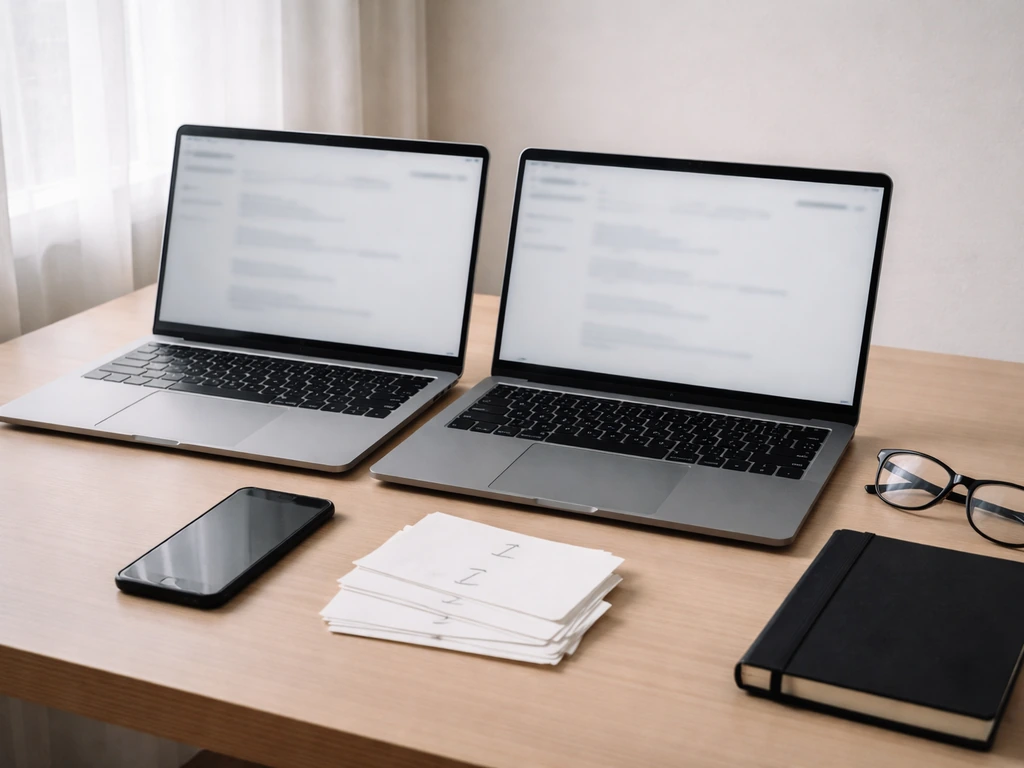 Minimal home office desk with two laptops and phone, check-mark cards indicating verifying claims today.