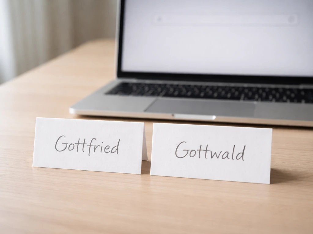 Close-up of two similar handwritten surname spellings on cards beside a blurred laptop search area.