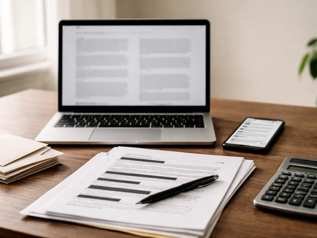 Minimal desk scene with laptop and phone showing blurred search results and documents for net worth research