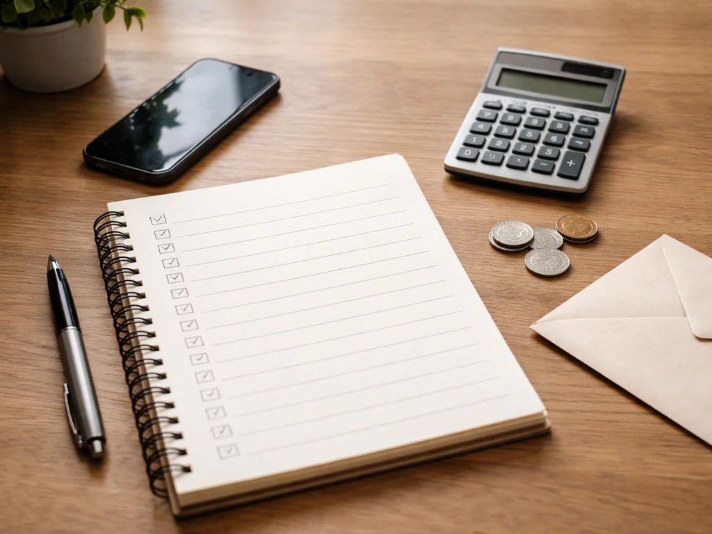 Minimal desk scene with checklist paper and calculator for estimating net worth from incomplete public info.