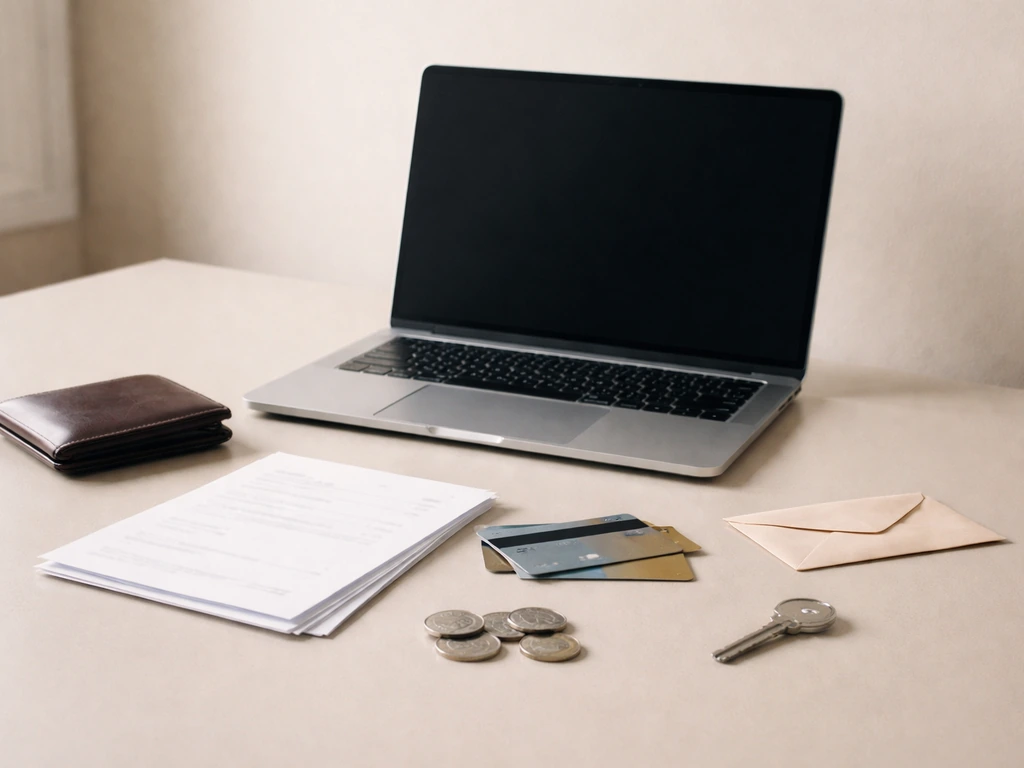 Minimal photo of an office desk with a laptop, wallet, and scattered papers suggesting income, assets, and liabilities