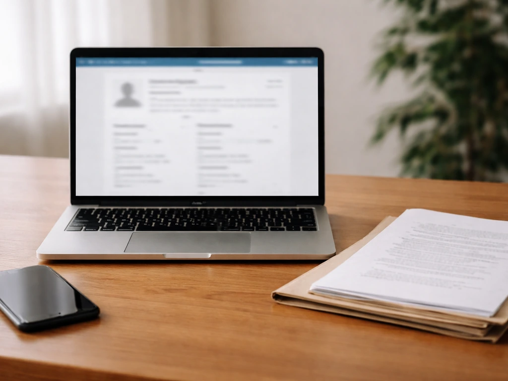 Laptop on desk with blurred business registry page, symbolizing verifying an LLC entry.