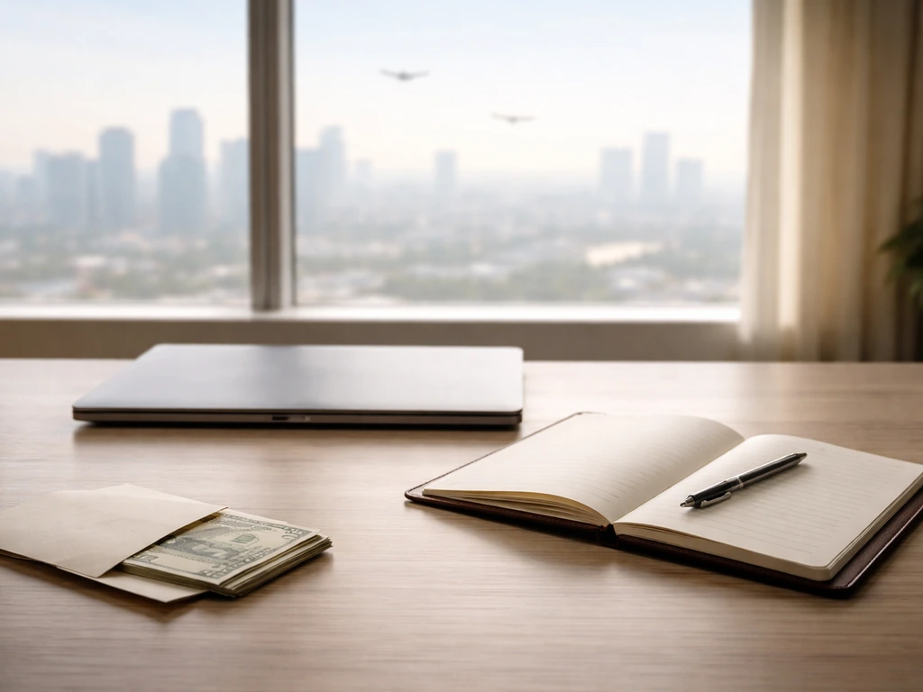 Minimal photo of a tidy office desk with a laptop, pen, and cash-styled envelope, suggesting business growth