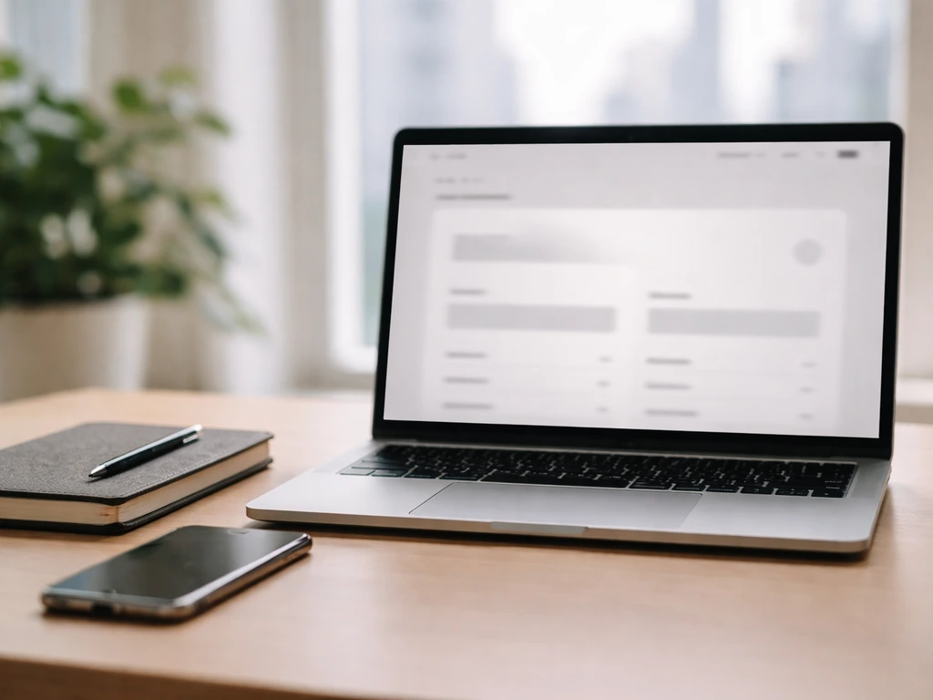 Minimal office desk scene with a laptop showing a blurred financial search page concept, symbolizing undocumented net-wo
