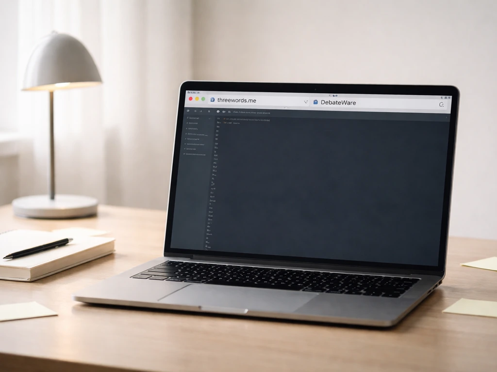 Minimal desk with an open laptop showing blurred early web project placeholders, no people.
