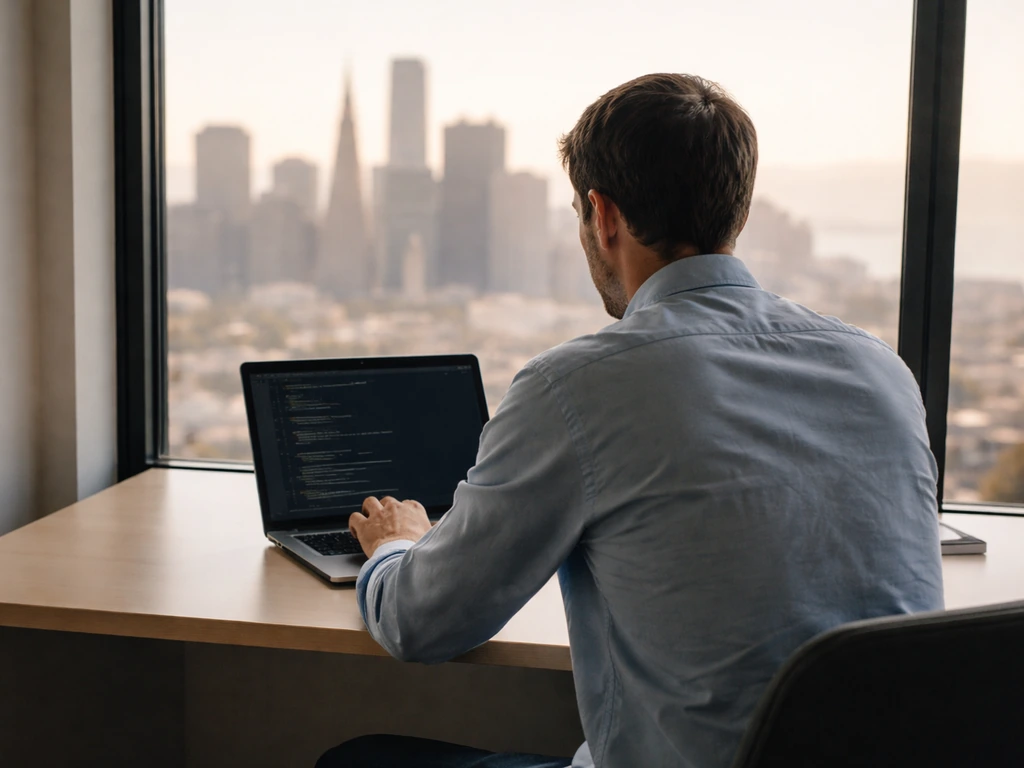 Anonymous tech co-founder in a minimalist San Francisco office with a laptop and startup-style atmosphere