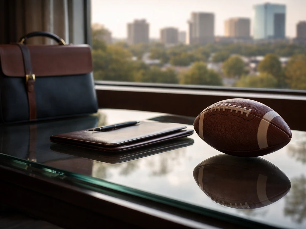 Empty executive office with a football and leather portfolio, suggesting NFL leadership and business wealth.