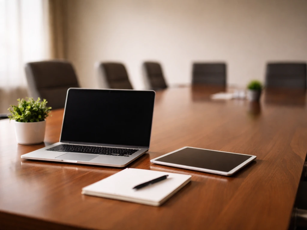 Minimal boardroom scene with a tablet and notepad, evoking board compensation and deferred equity.