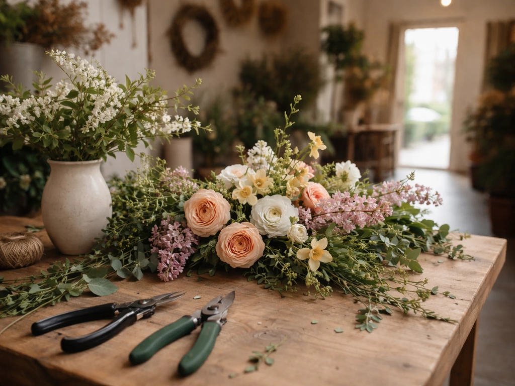 Floral design studio worktable with fresh seasonal flowers and tools, no people, natural light.