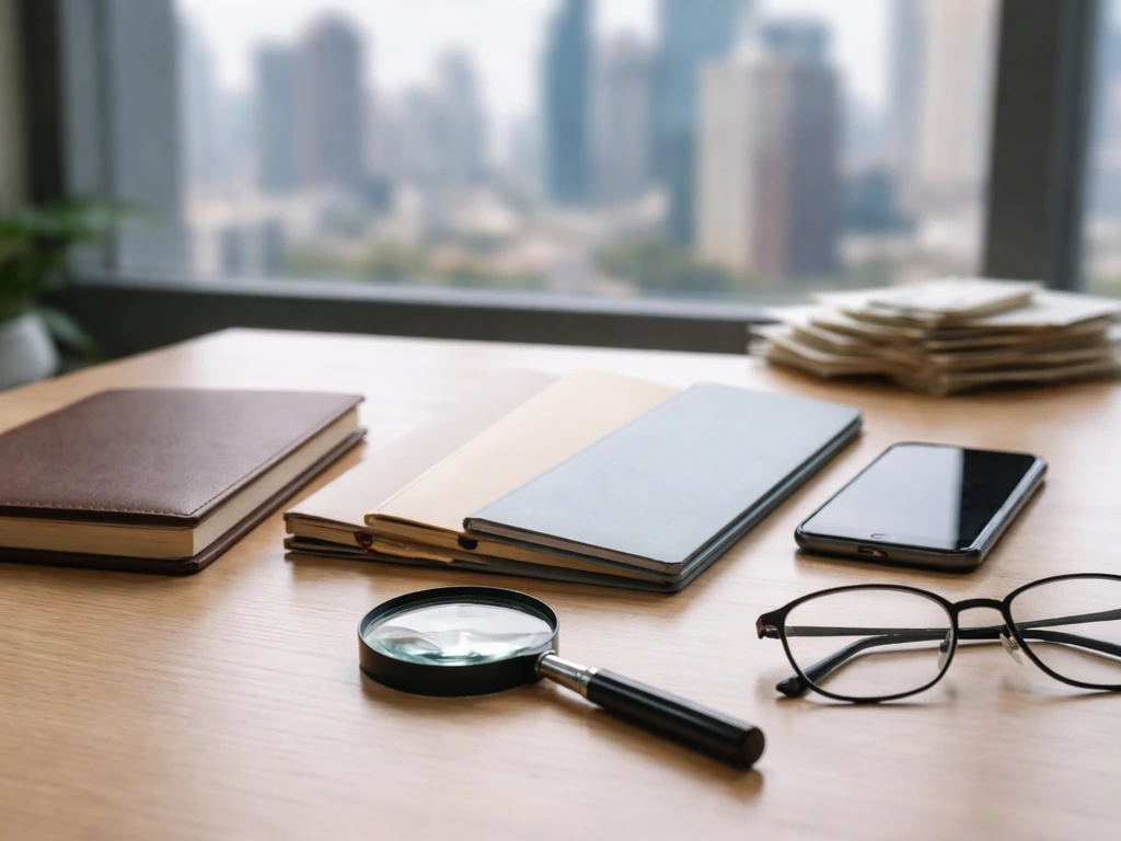 Minimal desk scene with documents, eyeglasses, magnifying glass, and phone suggesting verifying net worth sources