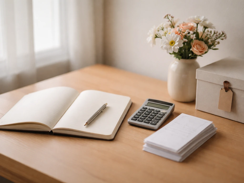 Minimal desk scene with flowers, calculator, receipts, and notebook symbolizing income, assets, and liabilities