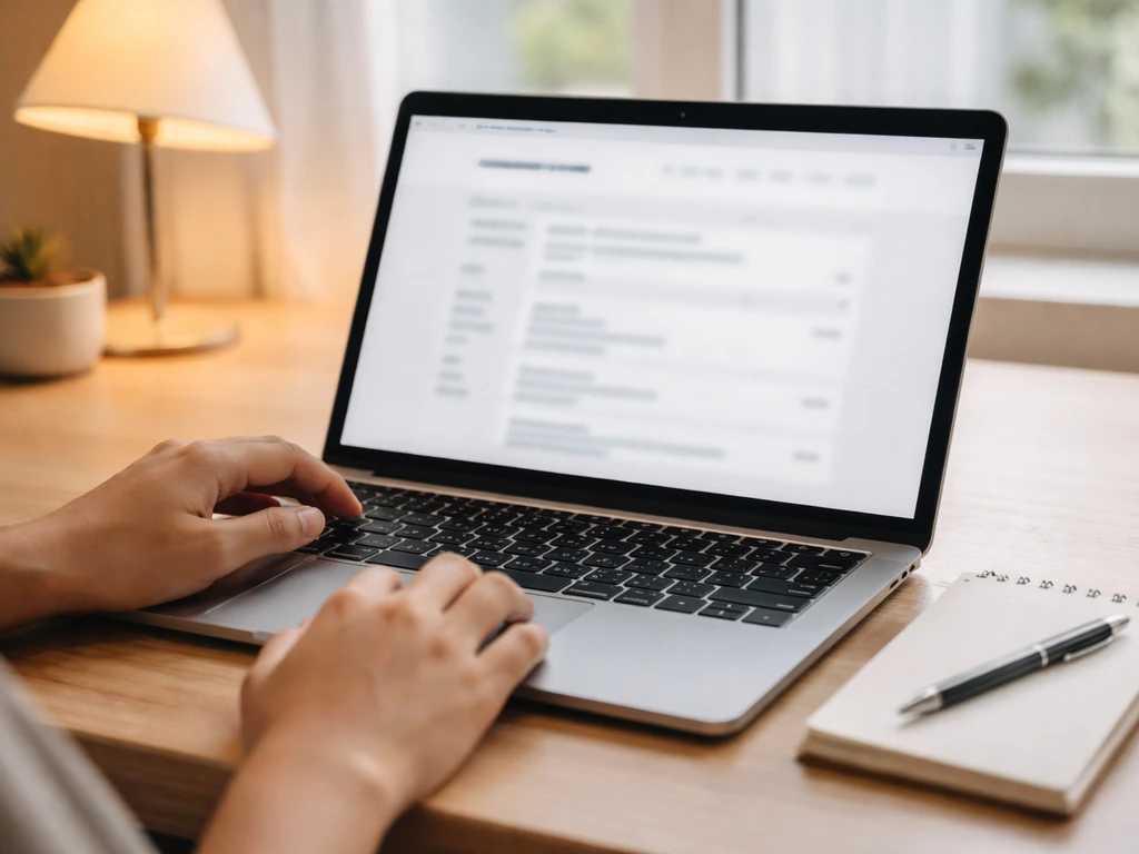 Person at a desk comparing business registry details on a laptop in a quiet home office.