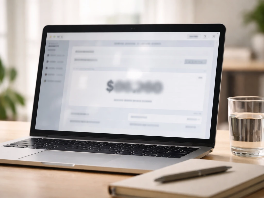 Laptop on a desk showing an abstract finance page with a net-worth figure area and timestamp.