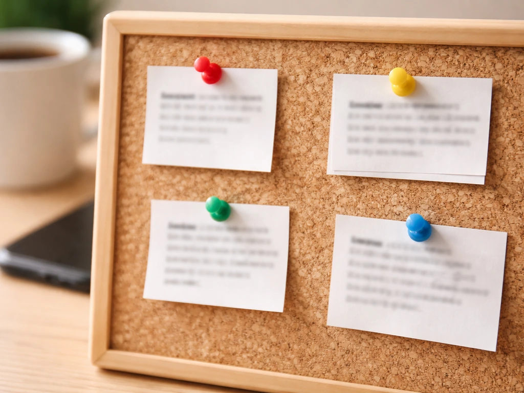 Close-up of a cork board with pinned, blurred paper snippets suggesting multiple Mark Braddock identities.