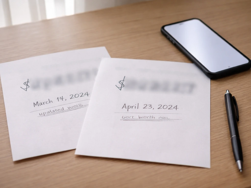 Two printed pages with differing net-worth figures on a desk, one marked outdated, next to a smartphone.