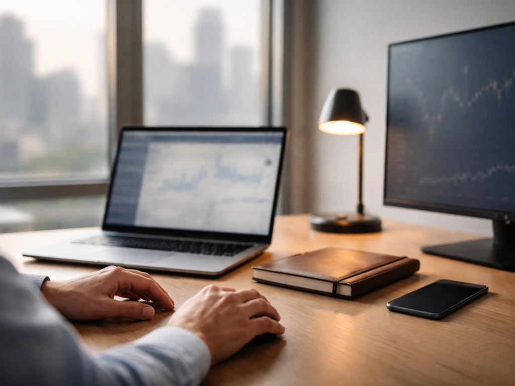 An unbranded analyst desk with a laptop showing a blurred finance terminal and portfolio charts glow softly.