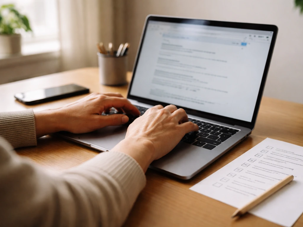 Hand using a laptop to look up business profile info, with a simple paper checklist nearby.