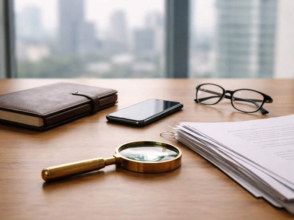 Minimal office desk with papers, magnifying glass, and phone suggesting net worth estimate research