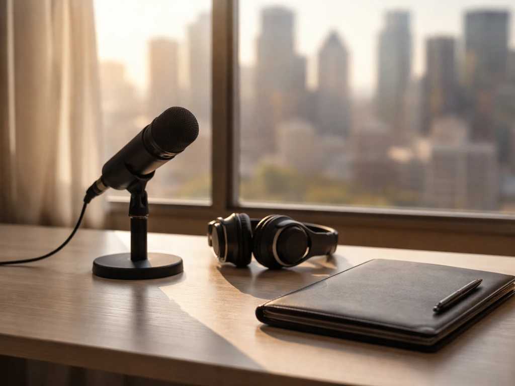 Minimal desk with microphone and headphones, softly blurred city skyline through a window.