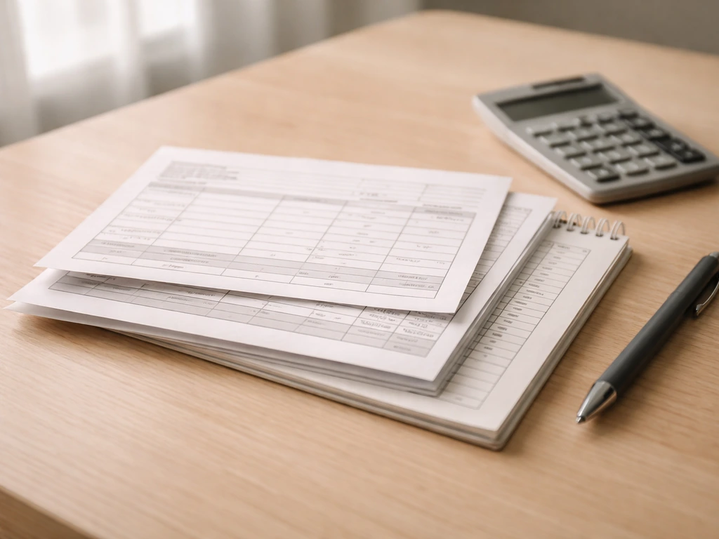 Close-up of neatly stacked financial documents: pay stub, bonus sheet, and invoice ledger on a desk