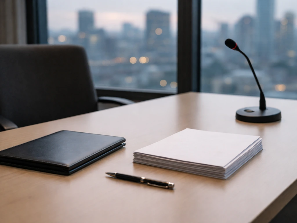 Minimal desk scene with documents, portfolio, and small microphone near a window with a blurred city skyline.