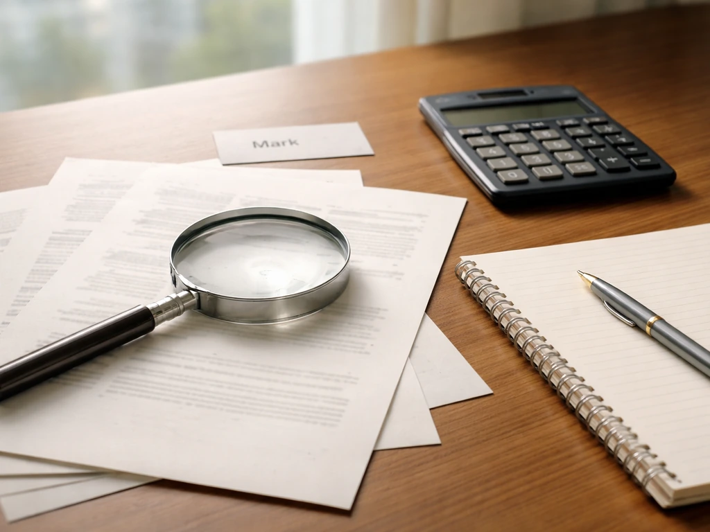 Magnifying glass over financial documents and a notebook on a desk, suggesting net worth verification concept.