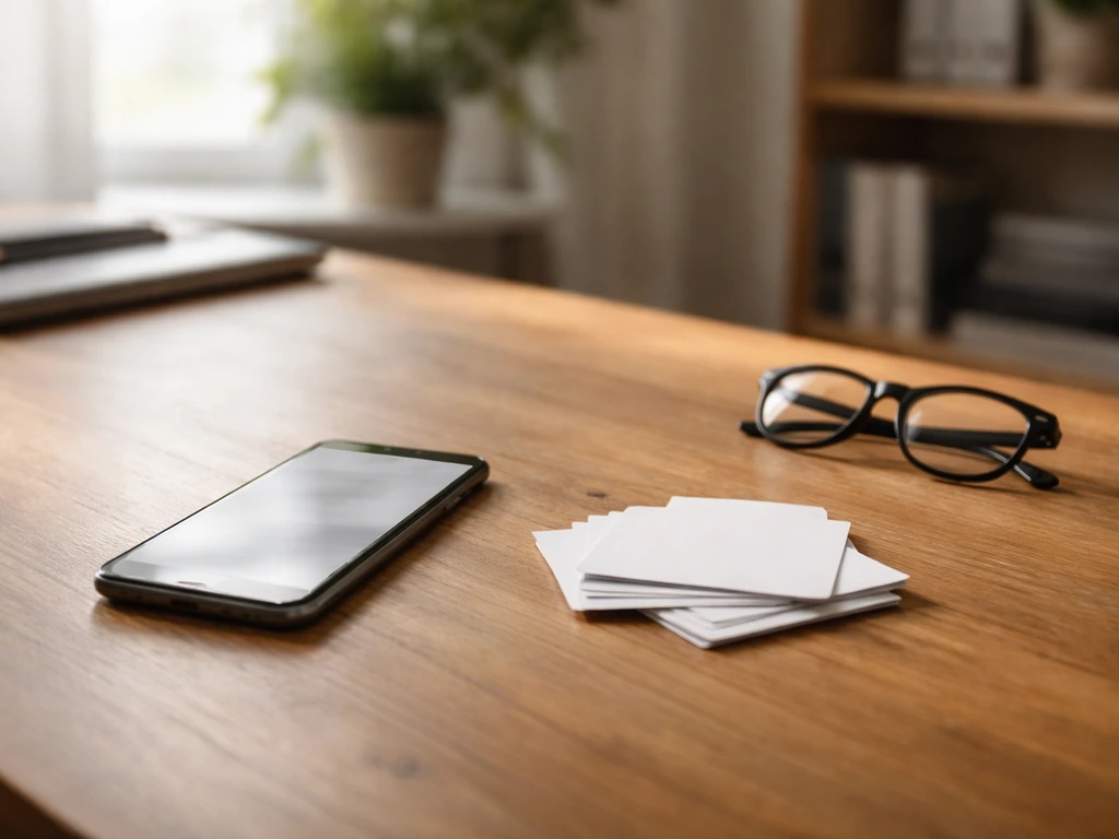 Minimal photo of a desk with smartphone and scattered business cards, suggesting identity verification for public profil