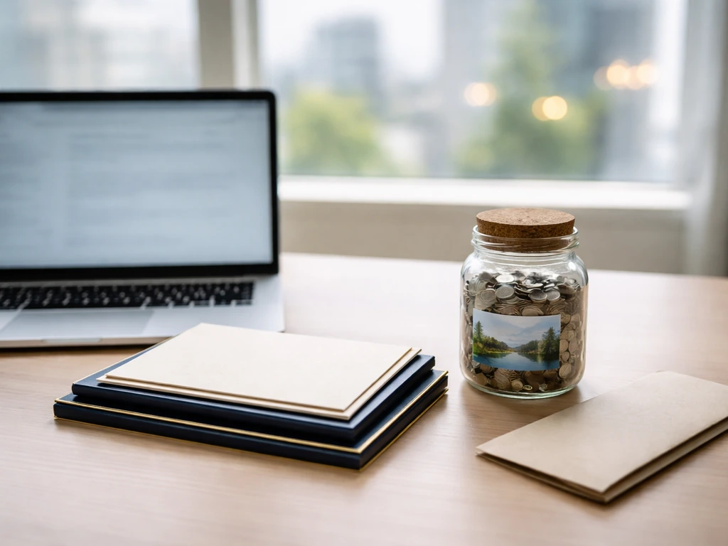 Minimal desk scene with laptop, cash envelope, and retirement-style savings jar symbolizing career wealth drivers.