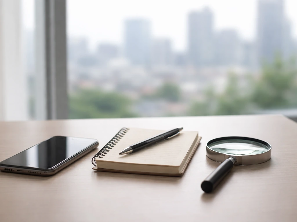 Minimal desk scene with smartphone and notebook suggesting verifying online sources