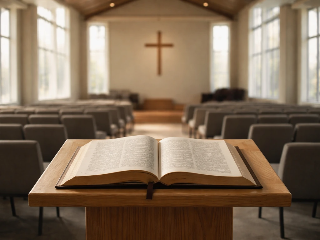 Open Bible on a church lectern with soft light and a distant cross, modern sanctuary ambiance.