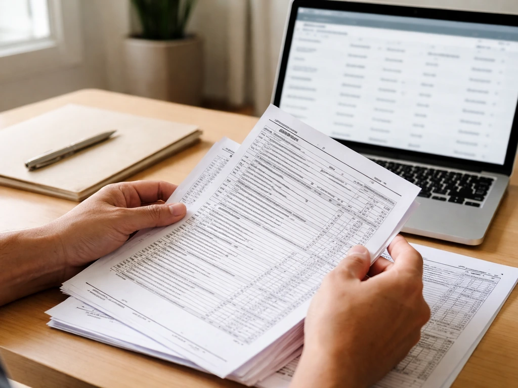 Close-up of hands comparing nonprofit financial documents with a laptop open to IRS Form 990 style data