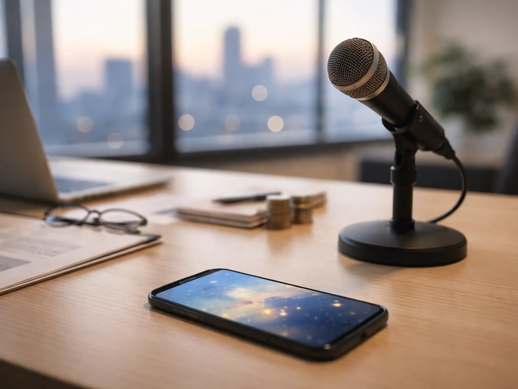 Minimal office scene with a smartphone showing a blurred finance dashboard, symbolizing retail media executive backgroun