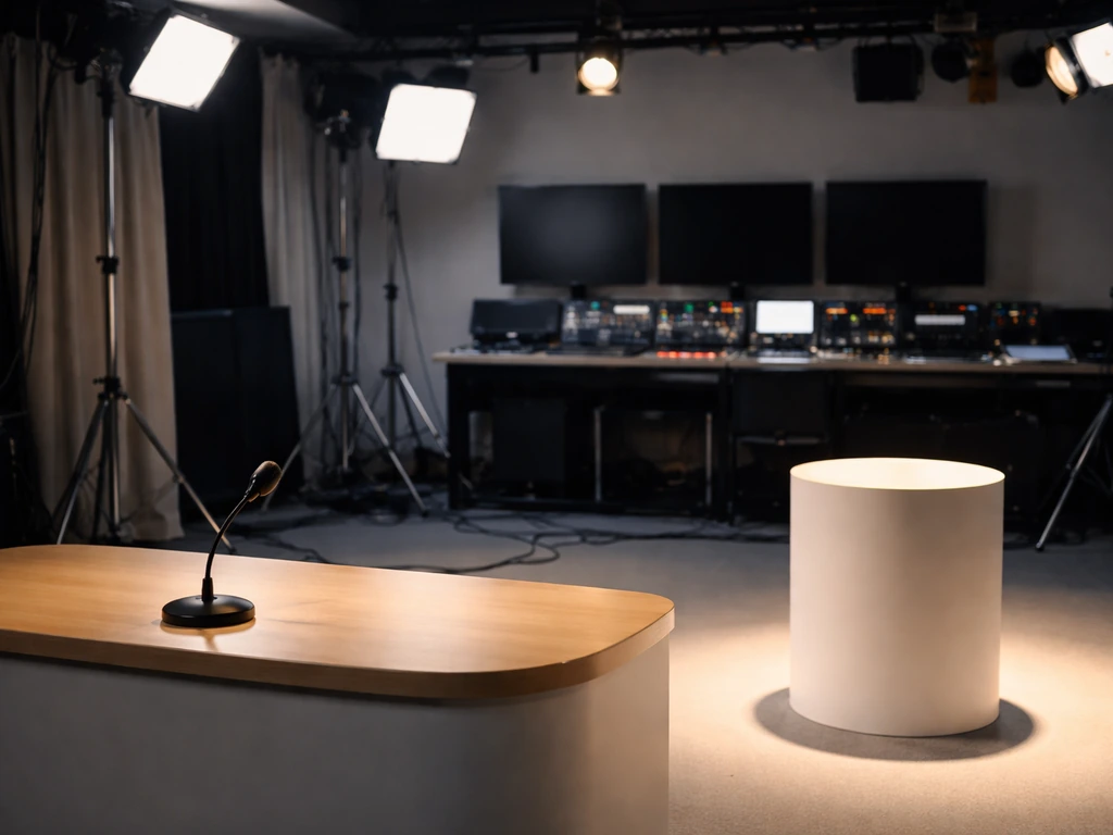 Live TV shopping studio set with glowing product lights and a modern media console, suggesting income from TV commerce.