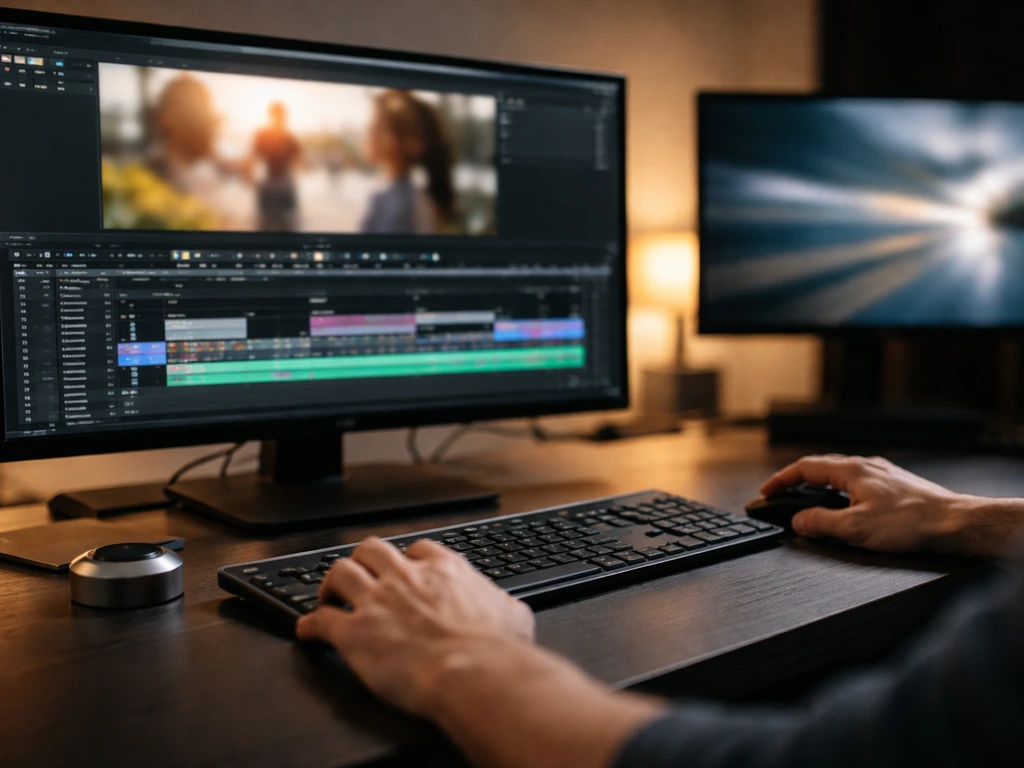 Hands editing video in a modern media studio with blurred streaming visuals on a monitor.