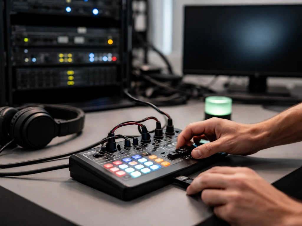 Founder-like hands adjusting streaming gear in a quiet startup operations room with glowing equipment lights.
