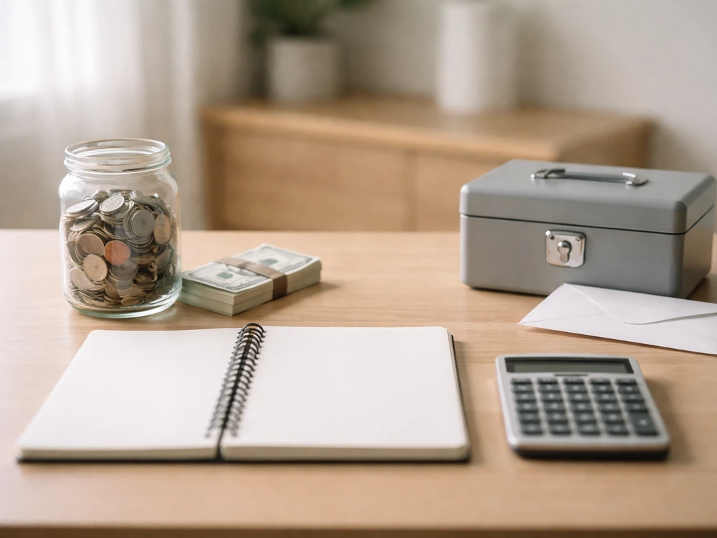Minimal desk scene showing coins and cash beside a closed lockbox, symbolizing assets minus liabilities.