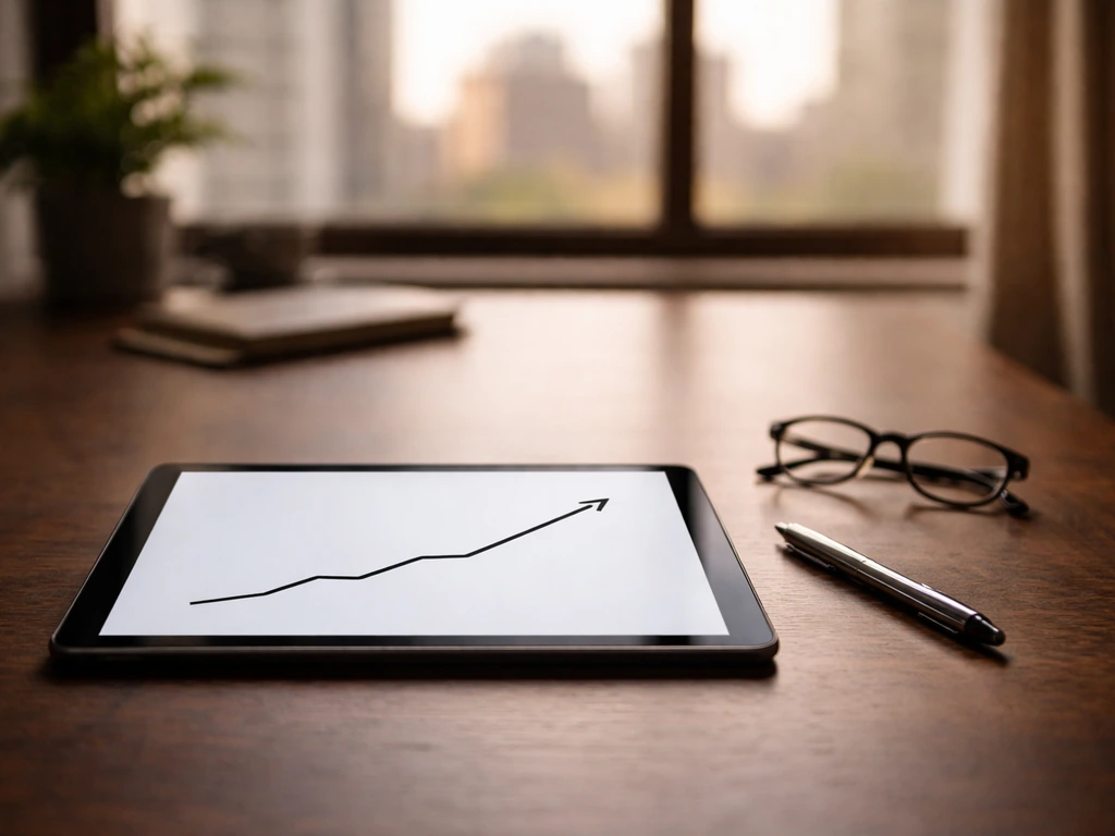 Minimal desk scene with a rising line graph on a tablet, suggesting long-term wealth growth