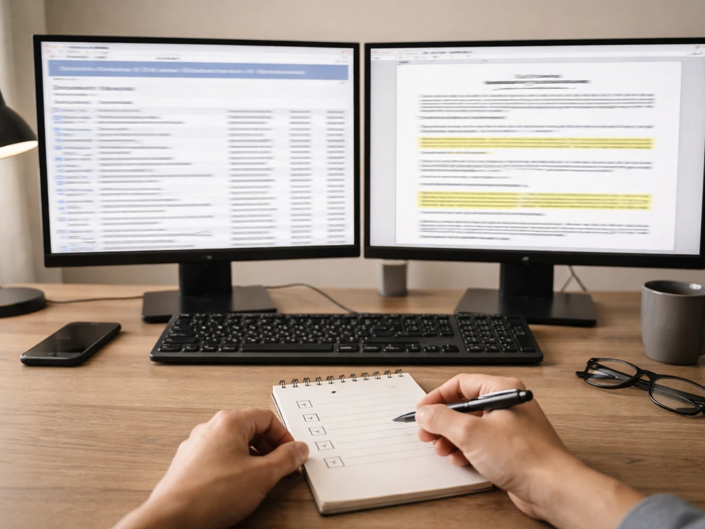 Wood desk with two monitors showing blurred SEC-style filings and a hand marking a checklist notepad.