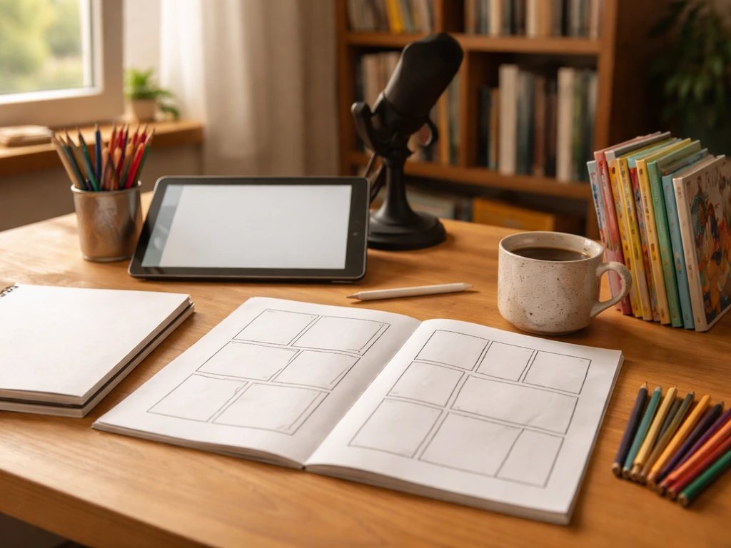 Minimal home art studio scene with comic sketches, colored pencils, books, and a microphone on a desk.