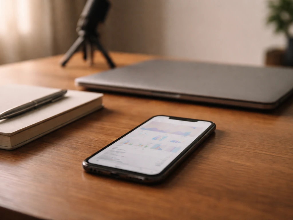 Minimal desk scene with smartphone displaying a generic financial dashboard and notebook, symbolizing net worth range