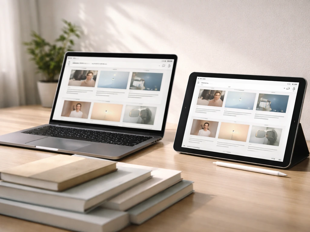 Laptop showing a course-like dashboard vibe with neatly arranged printed books on a clean desk