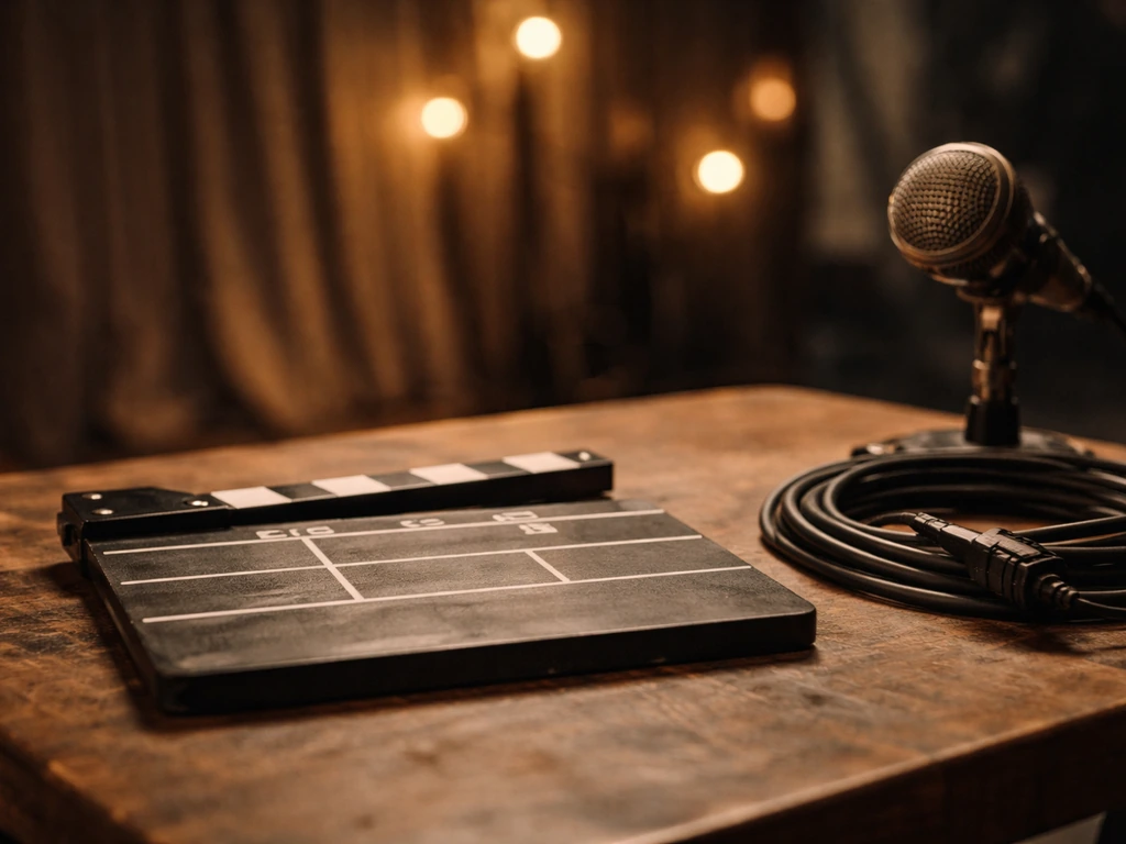 Vintage film set table with slate, microphone, and soft studio lights, no people.