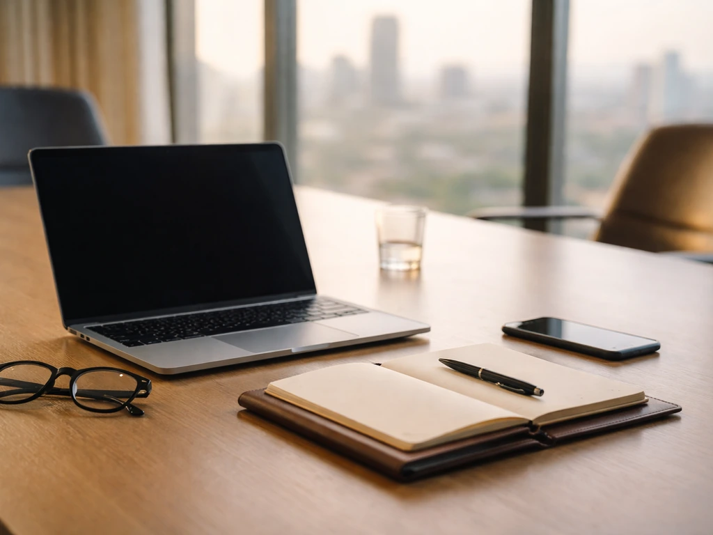 VC boardroom meeting with laptop and notepad, warm natural light, symbolic finance deal atmosphere