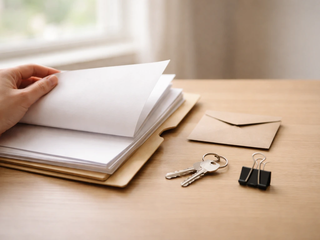 Open folder with blank papers on a desk beside envelope and keyring, suggesting review of financial records.
