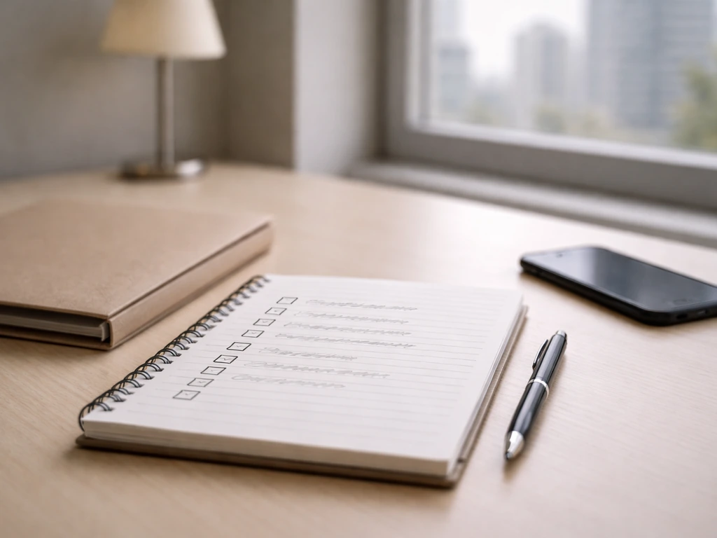 Open notebook with blank checkboxes and office desk items symbolizing verifying financial claims.