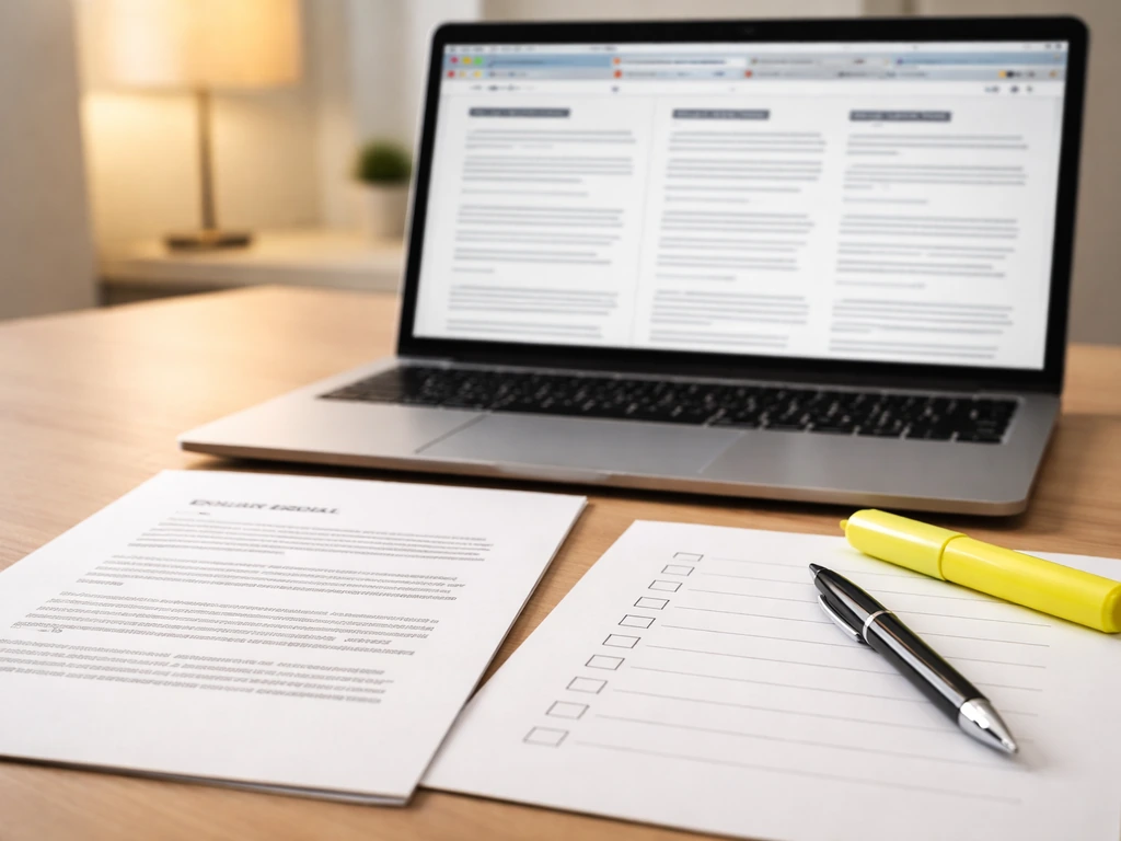 Close-up of a laptop and printed press release with an unlabeled checklist for verifying updates.