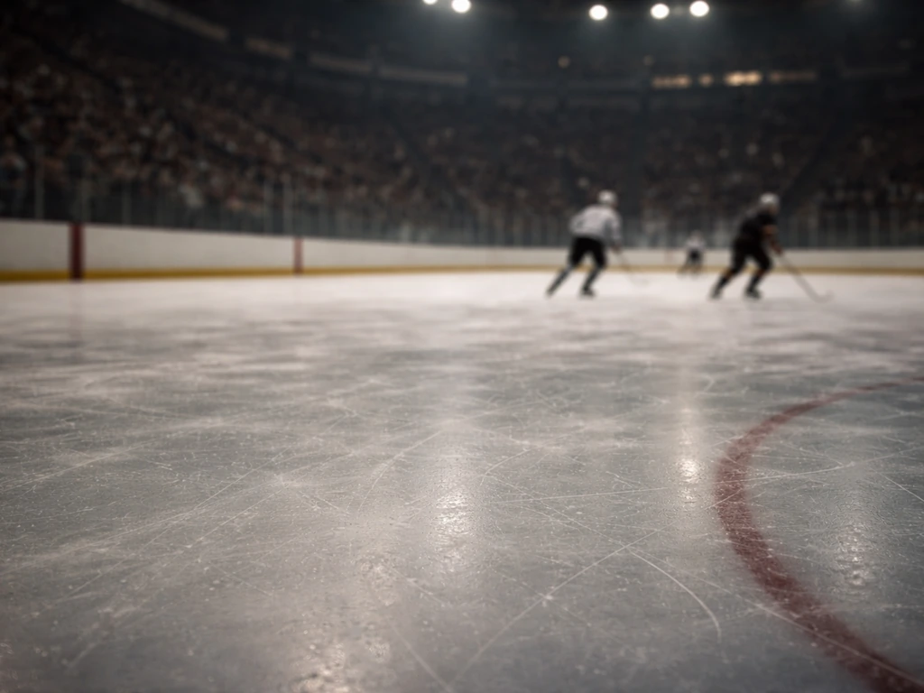 Vintage hockey arena scene with blurred players on the ice and a faded scoreboard glow.